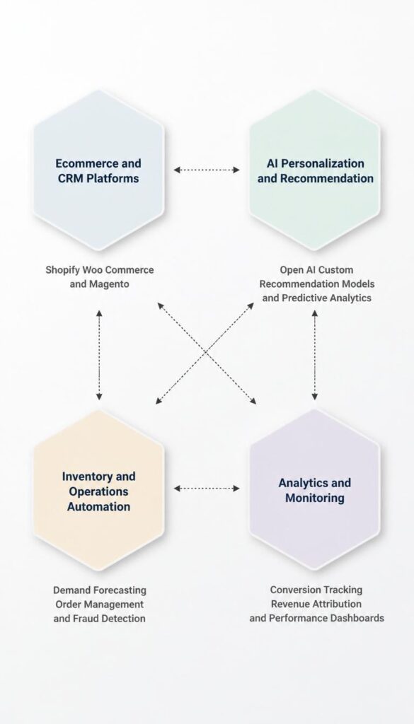 AI for Ecommerce tools showing personalisation engines predictive analytics inventory automation and performance monitoring connected in four hexagonal nodes