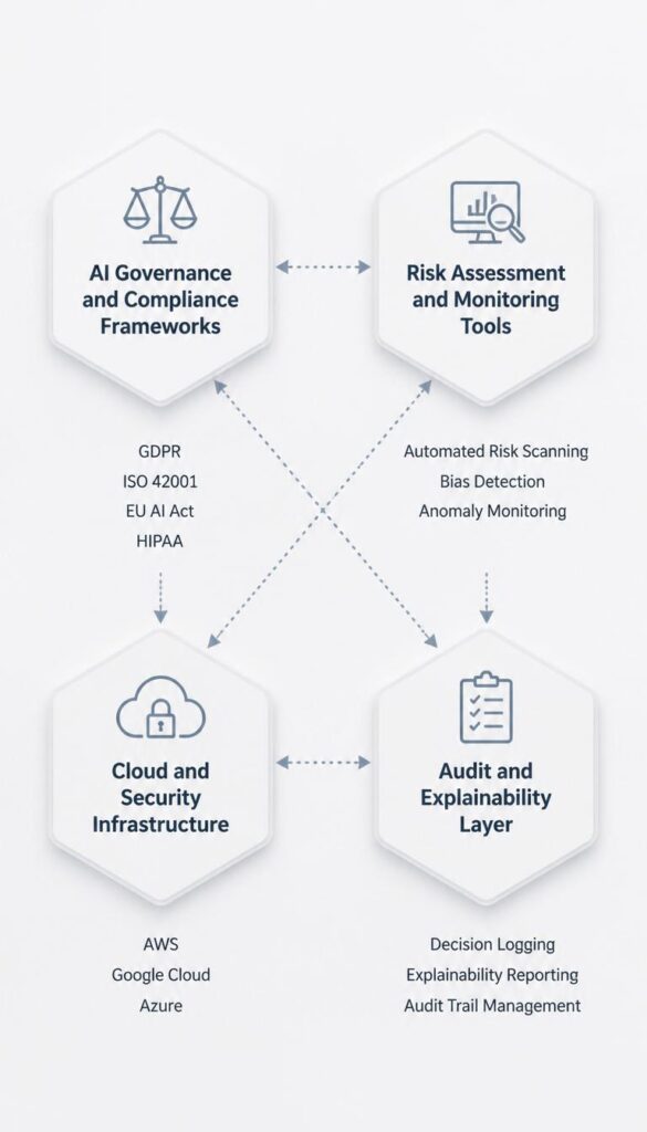 AI Governance tools showing compliance frameworks risk monitoring cloud security and audit explainability layer connected in four hexagonal nodes