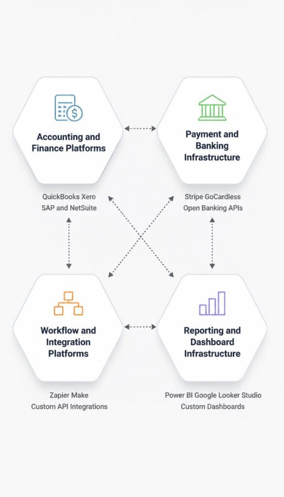 Financial Automation tools and infrastructure showing four connected nodes for accounting platforms payment infrastructure workflow integration and reporting dashboards