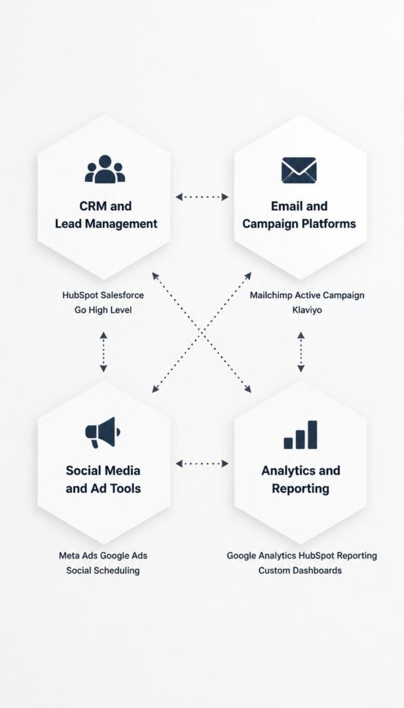 Marketing Automation tools showing CRM platforms email infrastructure social media ad tools and analytics reporting connected in four hexagonal nodes