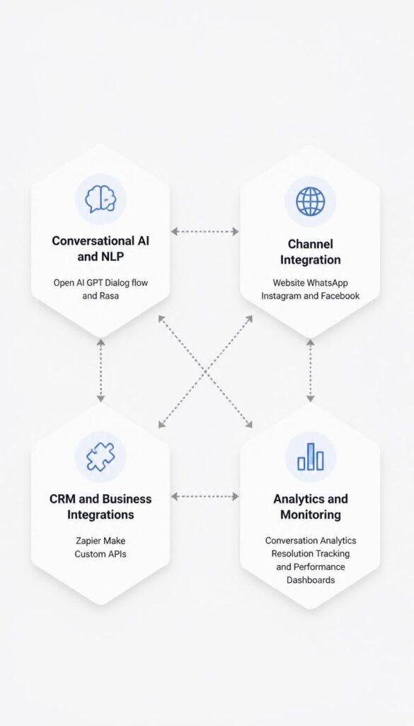 AI Chatbot Development tools and technology stack showing NLP frameworks channel integrations CRM connections and analytics monitoring