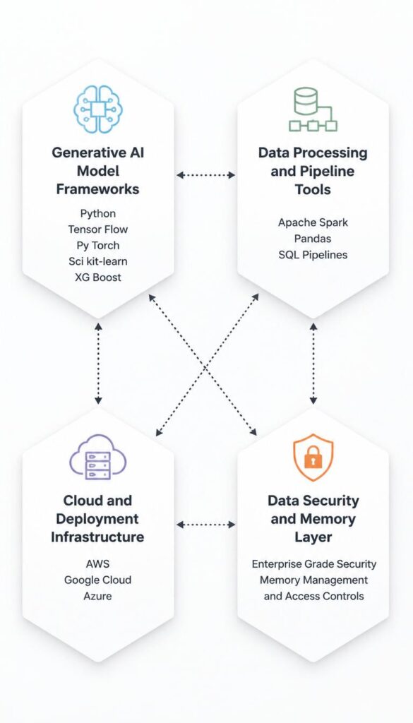 Generative AI Solutions tools and infrastructure showing four connected hexagonal nodes for model frameworks data pipeline cloud deployment and security layer