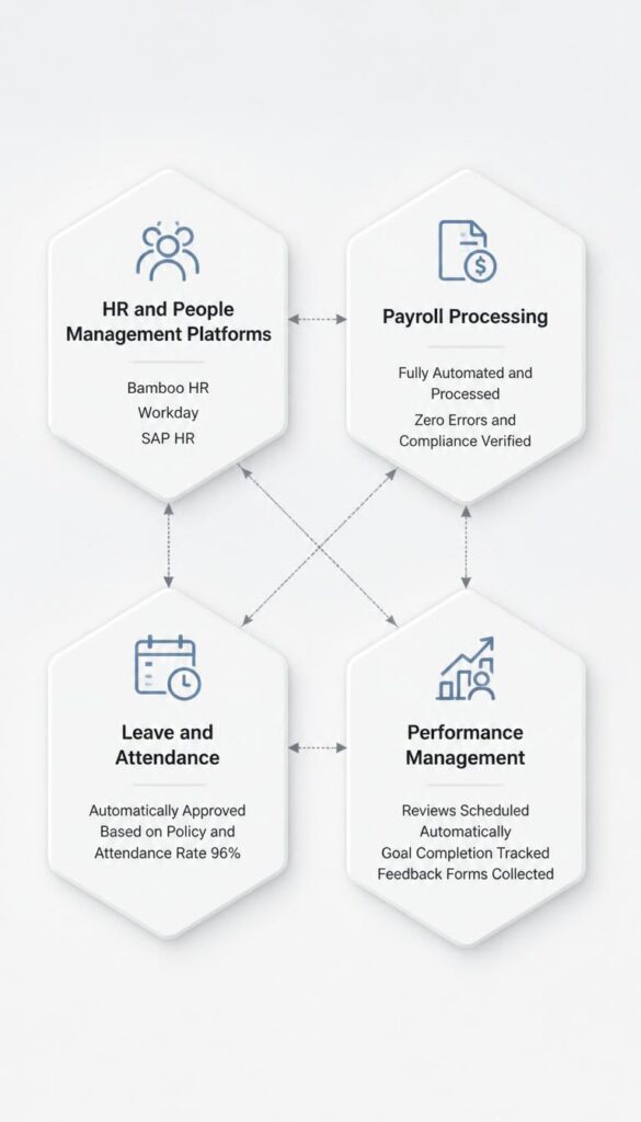 HR Automation tools showing people management platforms payroll infrastructure workflow integrations and analytics reporting connected in four hexagonal nodes