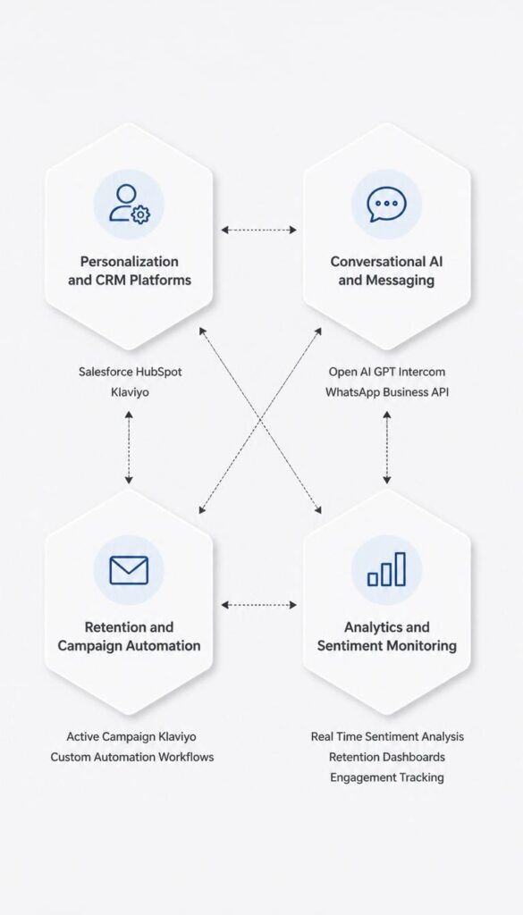 Customer engagement tools showing personalisation platforms conversational AI retention automation and sentiment analytics connected in four hexagonal nodes